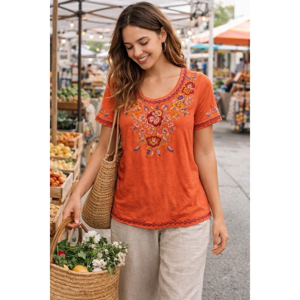 Tolani Collection Embroidered Boho Top Coral Floral Folk Peasant Tee L